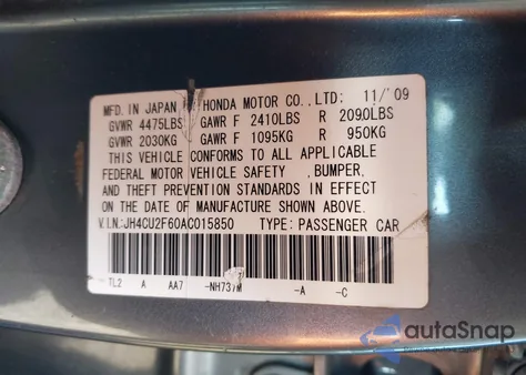 2010 Acura Tsx 2.4 из США, поврежденный, VIN JH4CU2F60AC015850